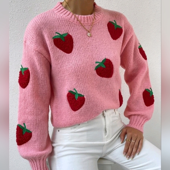New Girly Chic Strawberry Embroidered Knit Sweater Top Pink Red - Picture 3 of 8